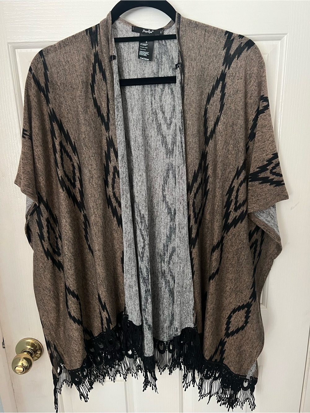 Papaya Brown & Black Aztec Fringe Poncho Wrap